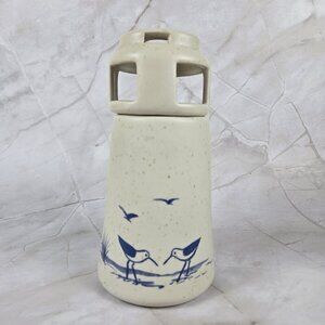 Vintage Sanibel Pottery 1984 Lighthouse Candle Holder Seabirds Cream Blue